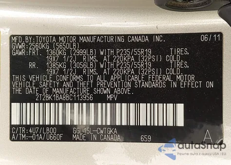 2011 Lexus Rx 350 z USA, uszkodzony, nr VIN 2T2BK1BA8BC113956